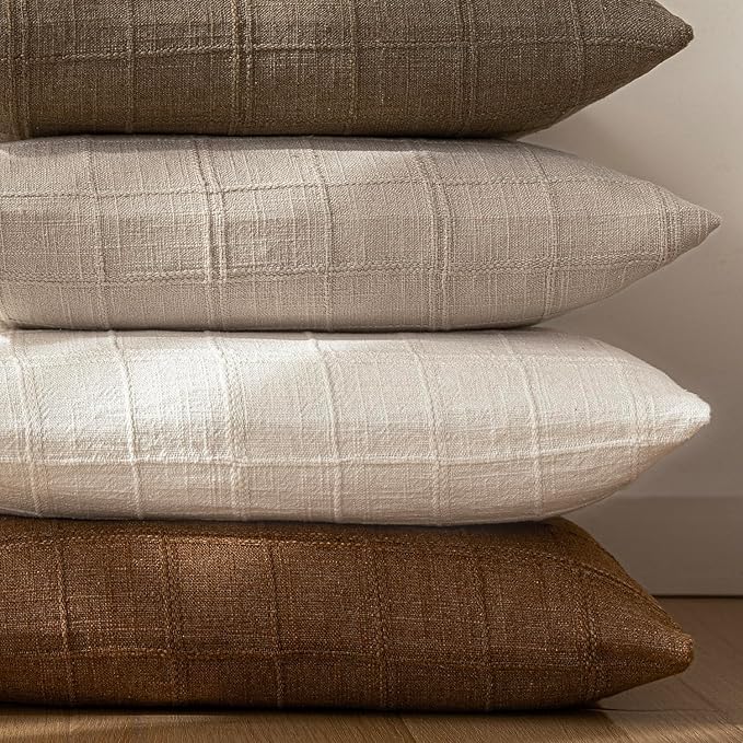 Foindtower Set of 2 Decorative Linen Check Throw Pillow Covers Neutral Farmhouse Vintage Cushion Covers Modern Boho Home Decor For Sofa Chair Couch Bedroom Living Room Outdoor,18×18 Inch,Natural Linen