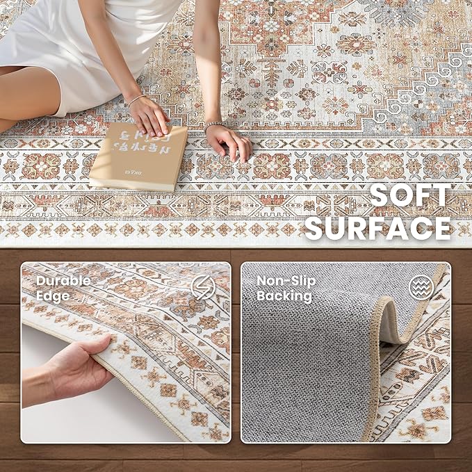 zesthome 5x7 Area Rugs - Ultra-Thin Washble Rug, Stain Resistant Anti Slip Backing Rugs for Living Room,Bedroom, Vintage Home Decor Area Rug (Orange,5'x7')