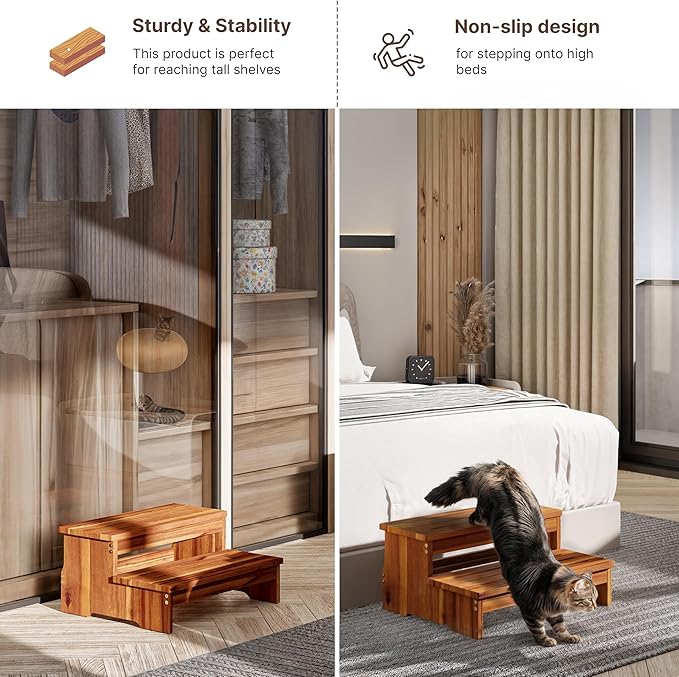 TINAMO 25" Long Step Stool for Adult & Kid - Acacia Wood Two Step Stool 500 Lb - Wooden Riser 2-Step Spa & Hot Tub Stairs for Pool - Heavy Duty 2 Step Stools for Bed, Kitchen,Outdoor (Patent Pending)