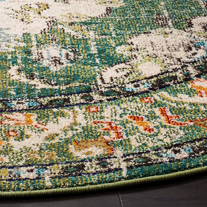 SAFAVIEH Monaco Collection Area Rug - 6'7" Round, Forest Green & Light Blue, Medallion Distressed Design, Non-Shedding & Easy Care, Ideal for High Traffic Areas in Living Room, Bedroom (MNC243F)