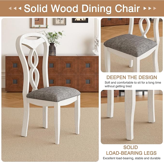 Solid Wood Dining Chair Set of 4, Kitchen Dining Room Chair with Upholstered Cushion & Wooden Legs, Modern Wood Side Chairs for for Kitchen, Washed Gray