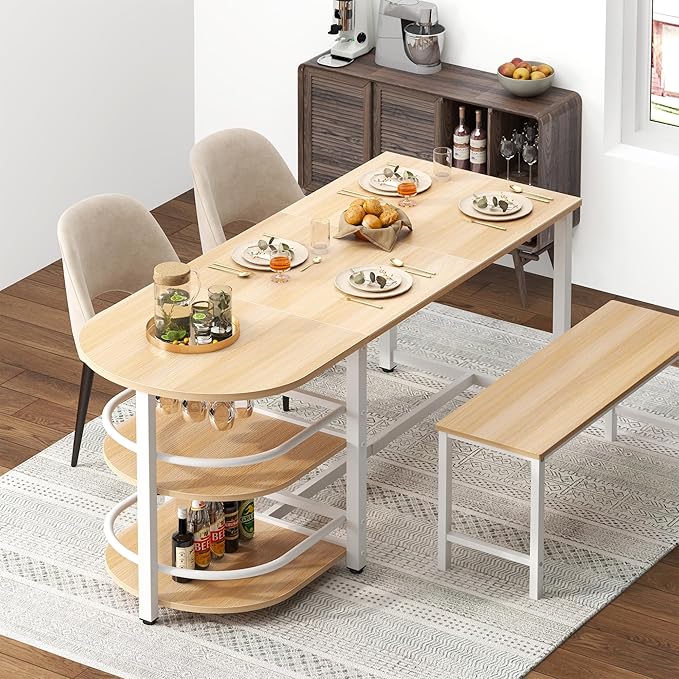 soges Dining Table for 4-6 Person, 71 inch Long Kitchen Dining Table for Living Room and Dining Room, Dinner Table with Storage Shelf & Cup Holder, Metal Legs(Only Table), Millennium Oak