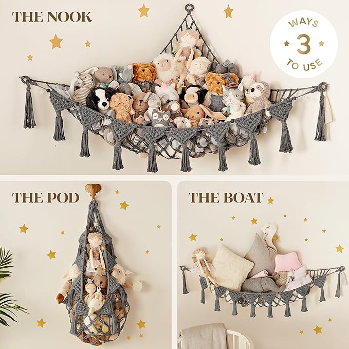 Macrame DreamLights Boho Stuffed Animal Storage Net or hammock Extra Large for Small or large Plushies. Plush Gray Toy Storage Holder