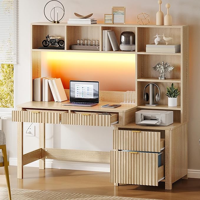 YITAHOME Computer Desk with Hutch and Drawers, 55" Office Desk with Storage Shelves and Printer Stand, Gaming Desk with Power Outlets & LED Lights, Fluted Sturdy Writing Workstation, Natural Oak