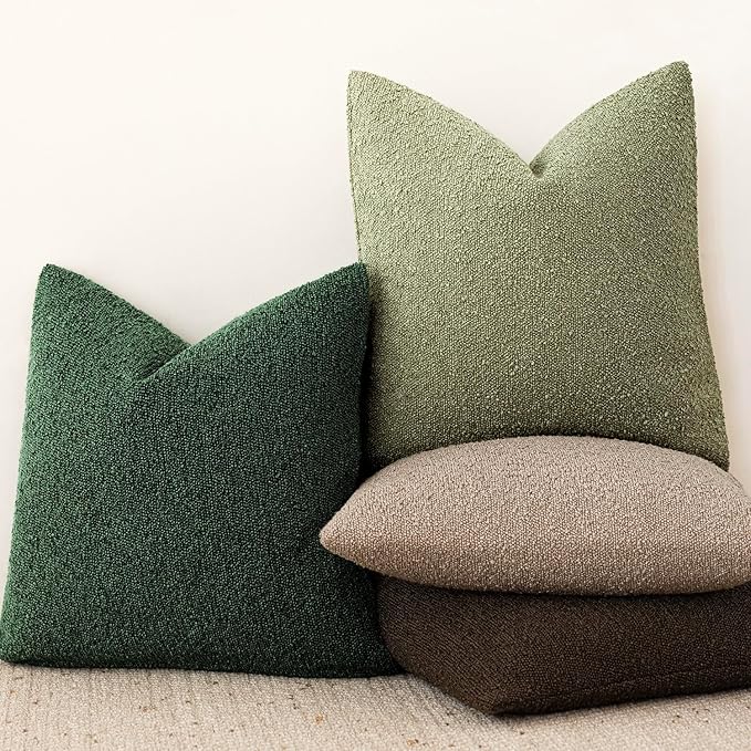 Foindtower Set of 2, Decorative Textured Boucle Throw Pillow Covers Accent Solid Pillow Cases Neutral Cozy Couch Cushion Case for Chair Sofa Bedroom Living Room Home Decor 16x16 Inch Pine Green