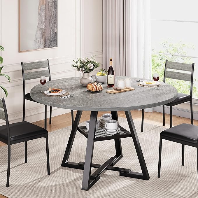Round Dining Table for 4,Kitchen Dining Room Circle Dinner Pedestal Table,Space Saving Wood Kitchen & Dining Room Furniture, 42In,Grey