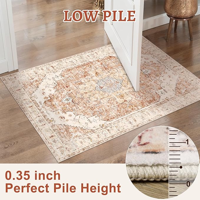 Tangsoo Area Rug 3x5 Bedroom Rug, Washable Vintage Indoor, Non Slip Accent, Print Distressed Brick Red Carpet, Soft Low Pile Rug for Living Room Dorm Bedroom Bedside Entryway Bathroom