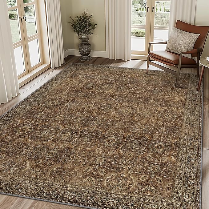 8X10 Area Rugs Machine Washable Rugs for Living Room, Vintage Boho Large Rugs for Bedroom Dining Room, Non Slip Indoor Soft Distressed Lightweight Thin Low Pile Carpet, Rustic Brown