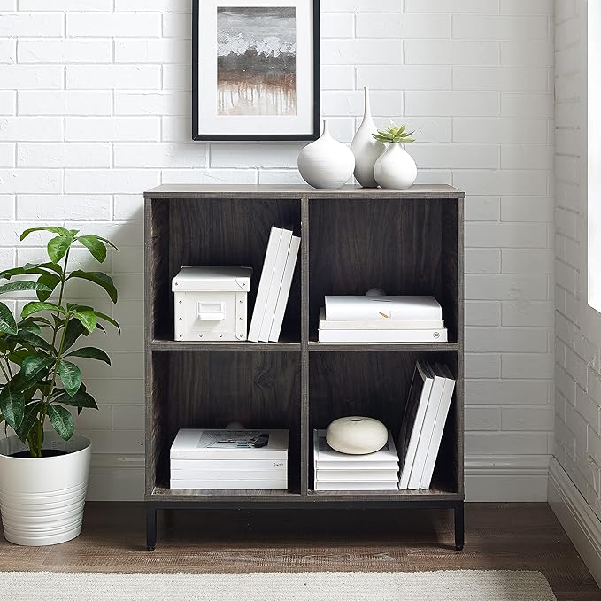 Crosley Furniture Jacobsen Storage Cube Bookcase and Record Player Stand with Vinyl Records Holder, Brown Ash