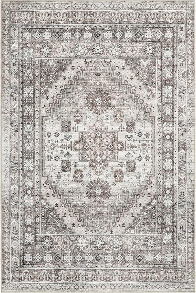zesthome 7x9 Area Rug, Super Soft Washable Rugs for Living Room, Non-Slip Stain Resistant Vintage Rugs, Ultra-Thin Large Area Rugs (Brown/Beige,7'x9')