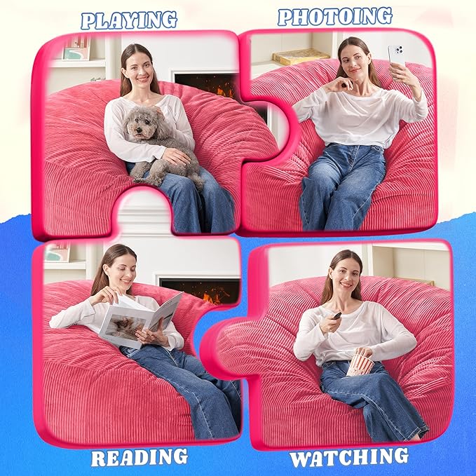 HABUTWAY 5FT Bean Bag Chair,Giant Bean Bag Chairs for Adults,Big Bean Bags with Memory Foam Filled, Large Beanbag Chairs with Soft Corduroy Cover-Pink