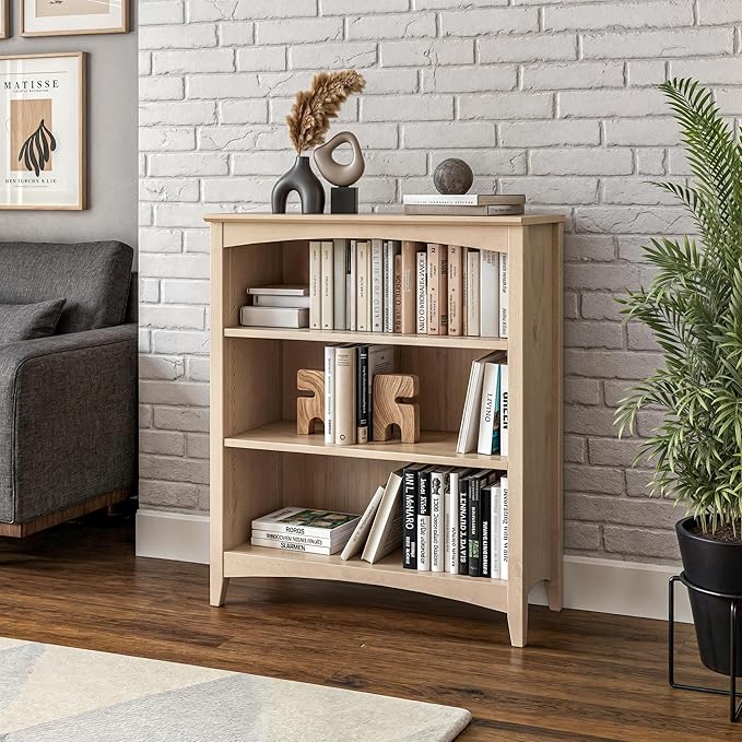 Camaflexi Shaker Style 3 Shelf Bookcase/Solid Wood / 36" High/Adjustable Shelving/Closed Back/Display Bookshelf for Living Room, Bedroom, Home and Office, Light Oak