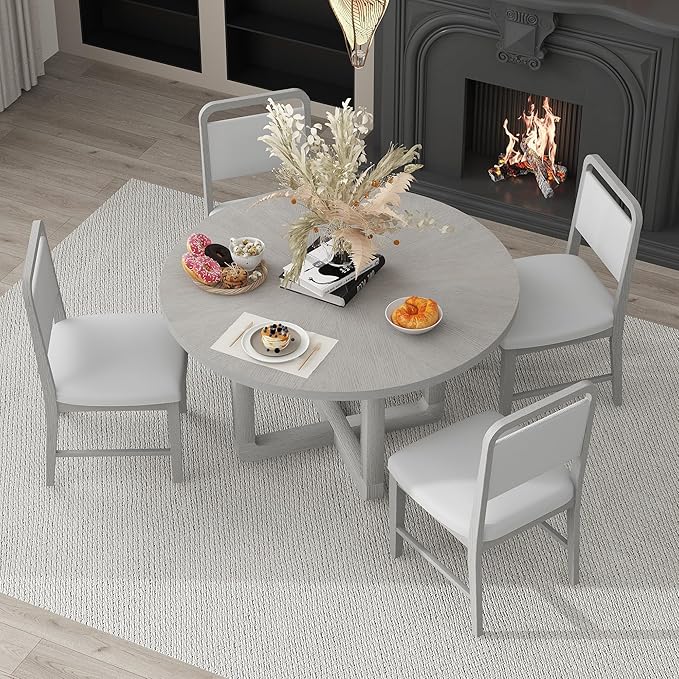 Merax 5-Piece Retro Dining Set, Round Table Top with Radial Wood Grain Design and 4 Upholstered Chairs for Dining Room and Kitchen, Antique Gray
