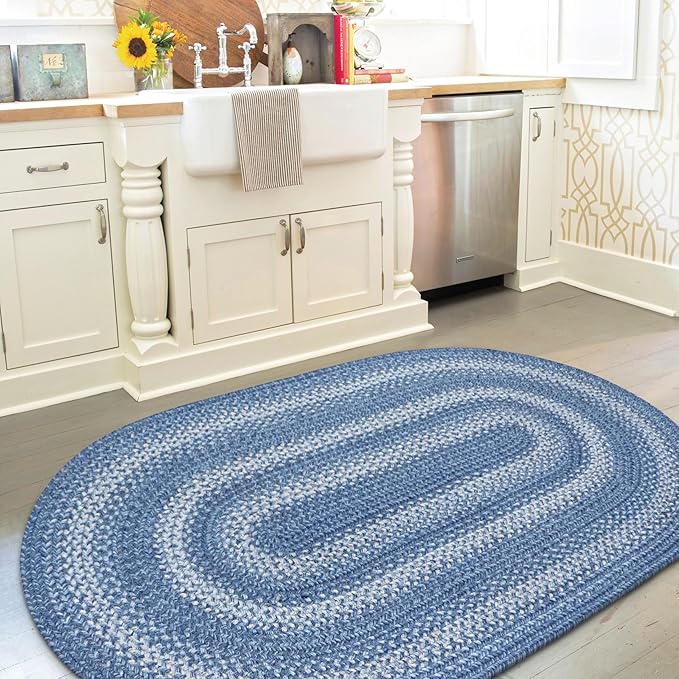 Denim Blue Oval Braided Rug, 2x3' - Handmade with Jute, Coastal Country Decor, Perfect for Bathrooms and Entryways - Reversible and Easy to Clean