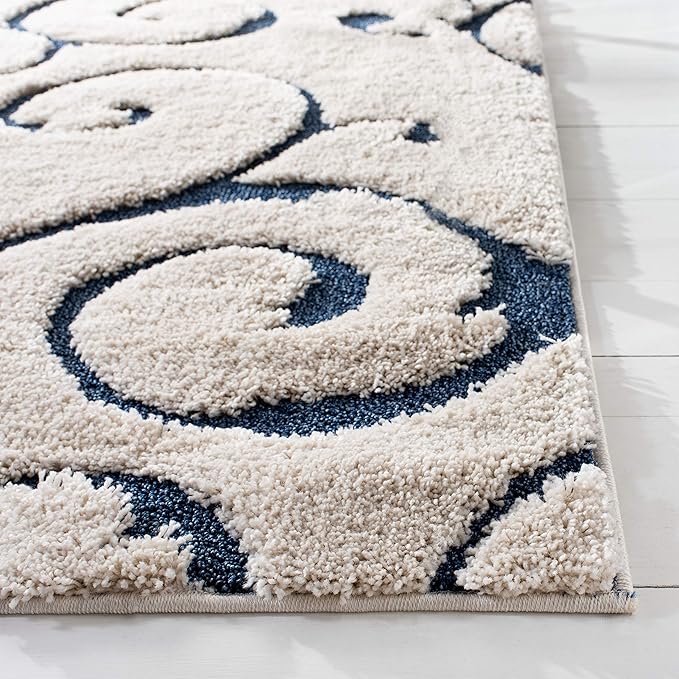 SAFAVIEH Florida Shag Collection Accent Rug - 3'3" x 5'3", Cream & Blue, Scroll, Non-Shedding & Easy Care, 1.2-inch Thick Ideal for High Traffic Areas in Entryway, Living Room, Bedroom (SG455-1165)