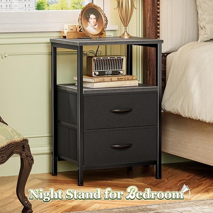 Huuger Night Stand Set of 2, Nightstand with 2 Drawers, Bed Side Table with Open Shelf, Wooden Top, End Table, Fabric Drawer, for Bedroom, Grey