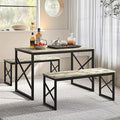 VECELO Kitchen Dining Table Set for 4, 43.3" Wood Rectangle Dinette with 2 Benches, Heavy-Duty Metal Frame for Small Space, Breakfast Nook, Grey