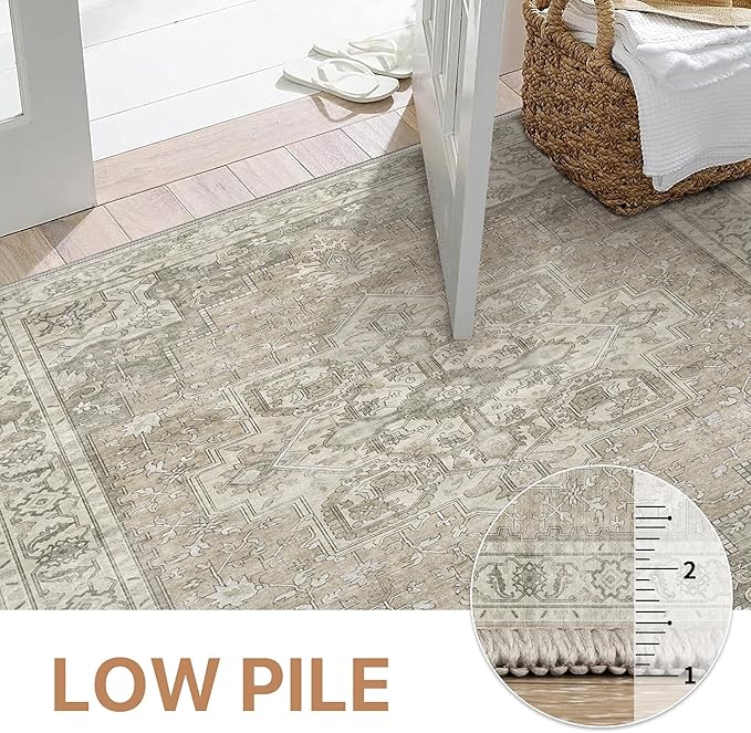 GENIMO 9x12 Area Rugs for Living Room, Non Slip Machine Washable Vintage Rugs, Low Pile Lightweight Chenille Print Large Rug for Bedroom, Dining Room, Home Office, Trench