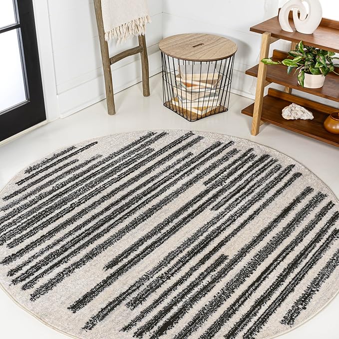 JONATHAN Y Khalil Modern Berber Stripe Cream/Black 6' Round Indoor Area Rug, Contemporary, Bohemian, Easy-Cleaning for Living Room, Bedroom, Kitchen, Pet Friendly, Non-Shedding (MOH207A-6R)
