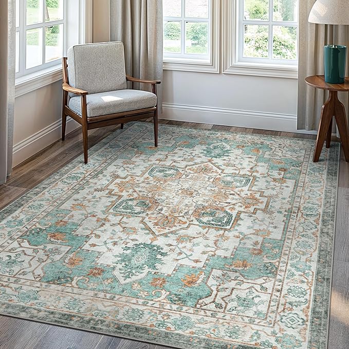 GENIMO 10x12 Area Rugs for Living Room, Machine Washable Non Slip Vintage Rugs, Low Pile Lightweight Chenille Print Rug for Bedroom, Dining Room, Home Office, Cyan