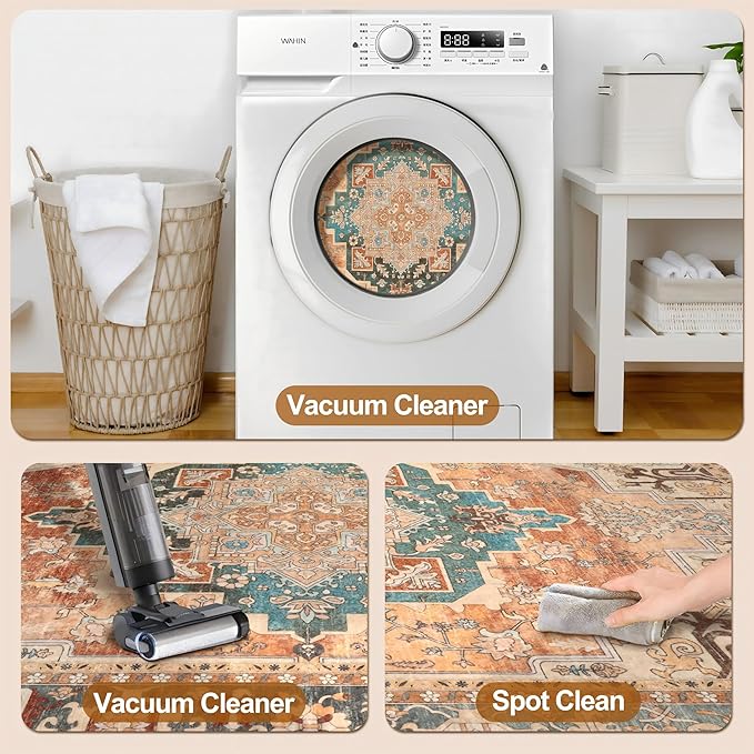 Tangsoo 4x6 Washable Rug Vintage Non Slip Indoor, Distressed Carpet for Living Room, Dining Room, Soft Low Pile Rugs Foldable Floor for Bedroom Dorm Bedside Bathroom Rusty Orange