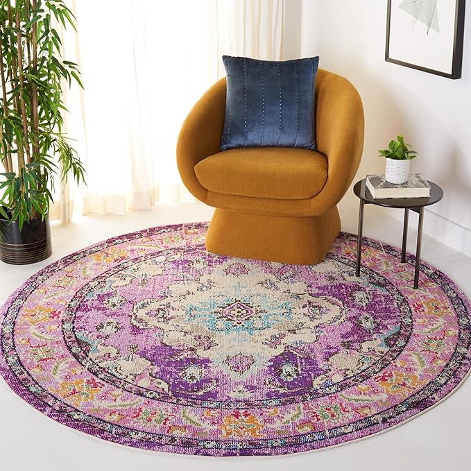 SAFAVIEH Monaco Collection Area Rug - 8'8" Round, Violet & Light Blue, Boho Chic Medallion Distressed Design, Non-Shedding & Easy Care, Ideal for High Traffic Areas in Living Room, Bedroom (MNC243L)