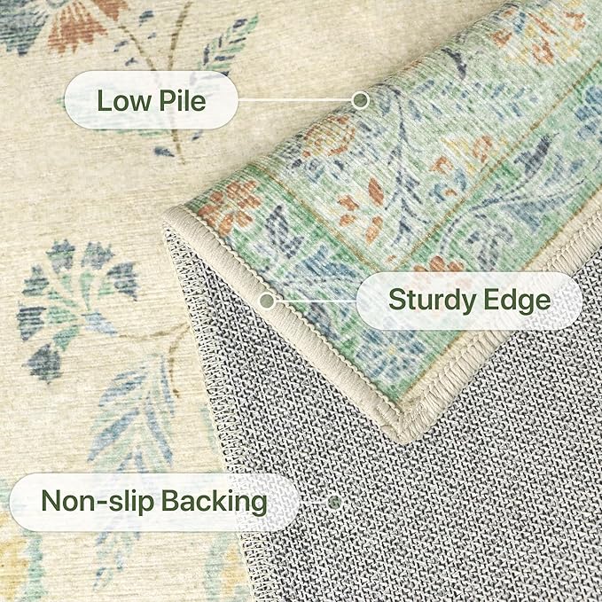 GENIMO 8x10 Area Rugs for Living Room, Machine Washable Non Slip Vintage Rugs, Low Pile Lightweight Chenille Print Rug for Bedroom, Dining Room, Home Office, Beige/Green