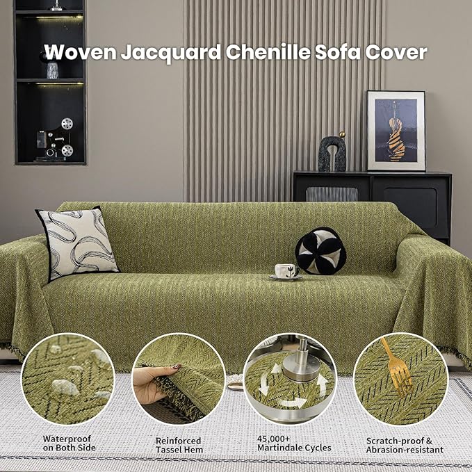 Nobildonna Sofa Chair Cover Waterproof Soft Thicken Chenille Cushion Couch Cover with Tassels,Washable Sofa Slipcovers for Armchair Recliner Sectional Furniture Protector, Green 71"x71"