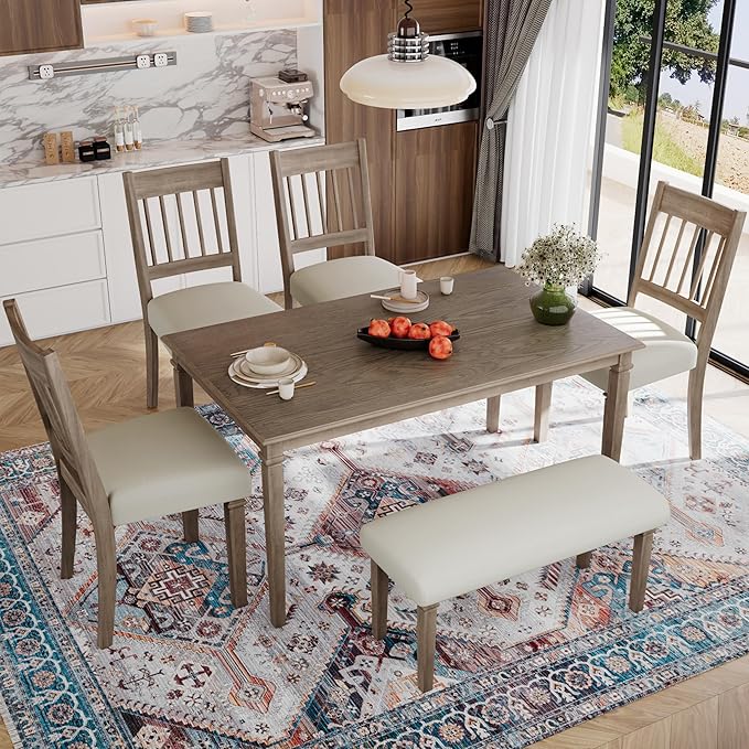 Merax 6-Piece Retro Dining Table Set, 6 Seats Wooden Rectangular Table, with 4 Chairs & 1 Bench for Kitchen Room, Classic Furniture, Brown