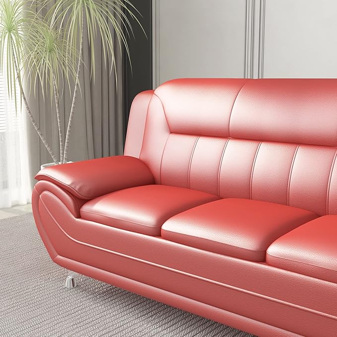 Container Furniture Direct Michael Modern Faux Leather Upholstered Stainless Steel Legs Living Room Sofa, Loveseat, Red