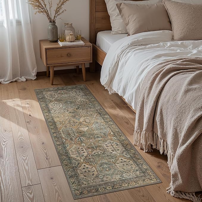 GENIMO 3x8 Runner Rugs for Hallway, Machine Washable Non Slip Vintage Rugs, Low Pile Lightweight Soft Print Rug for enrtyway, Corridor, Home Office, Kitchen, Warm Taupe