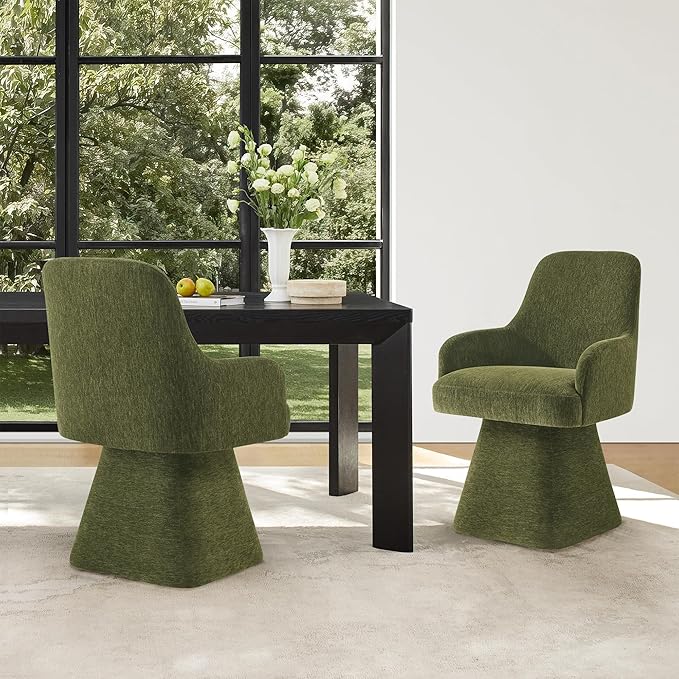 Swivel Dining Chair Set of 1, Mid Century Modern Chair Fabric Upholstered Armchair with Armrest & Ergonomic Backrest for Dining Room, Kitchen, Bedroom, Living Room, Green
