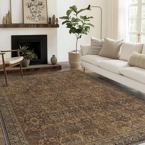 10X14 Area Rugs Machine Washable Rugs for Living Room, Vintage Boho Large Rugs for Bedroom Dining Room, Non Slip Indoor Soft Distressed Lightweight Thin Low Pile Carpet, Rustic Brown