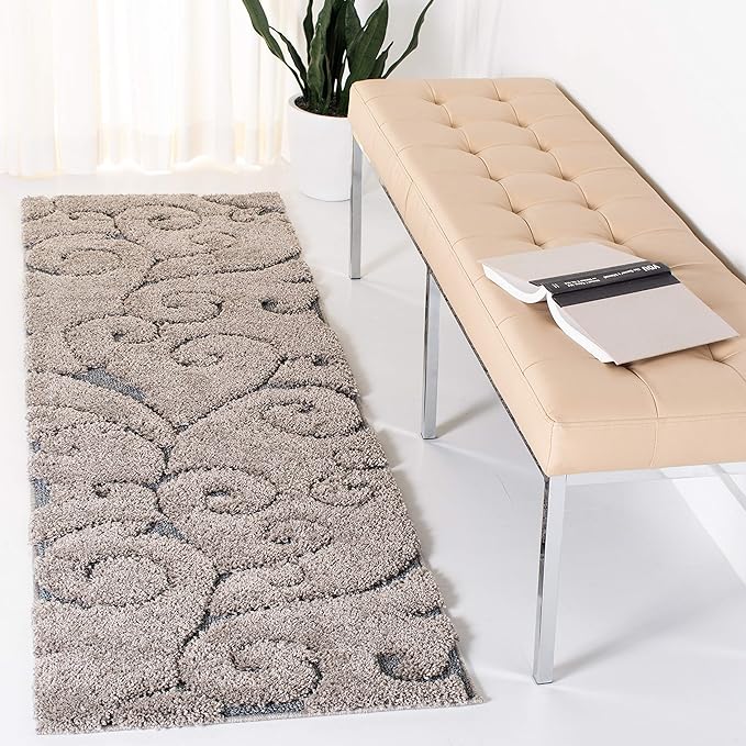 SAFAVIEH Florida Shag Collection Runner Rug - 2'3" x 19', Grey & Light Blue, Scroll Design, Non-Shedding & Easy Care, 1.2-inch Thick Ideal for High Traffic Areas in Living Room, Bedroom (SG455-1160)