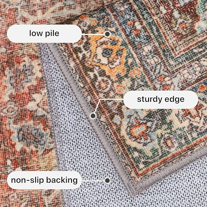 GENIMO 4x6 Area Rugs for Living Room, Machine Washable Non Slip Vintage Rugs, Low Pile Lightweight Chenille Print Rug for Bedroom, Dining Room, Home Office, Terracotta Indigo