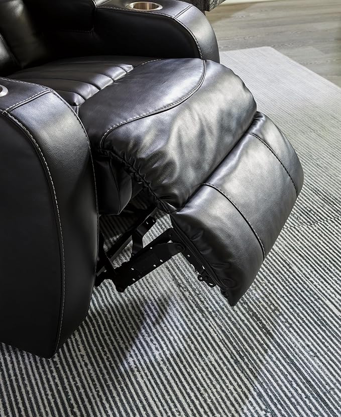 Signature Design by Ashley Caveman Den Modern Faux Leather Power Reclining Loveseat with Console, Adjustable Headrest and LED Lights, Black