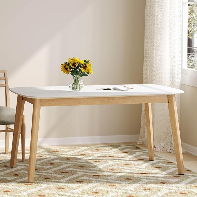 5-Piece Dining Set, Mid-Century Modern Solid Wood Table & Chair Set for 4, Kitchen, Dining Room, Restaurant, Natural Oak+Beige