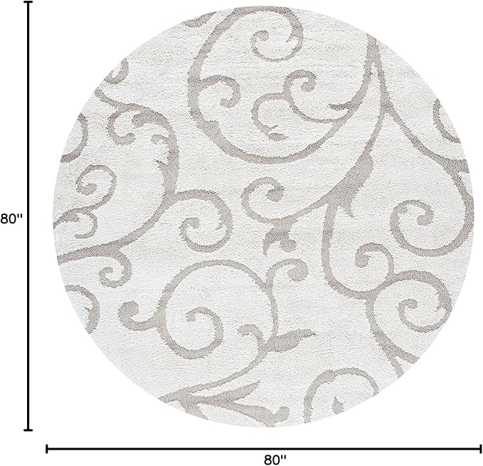 SAFAVIEH Florida Shag Collection Area Rug - 6'7" Round, Ivory & Beige, Scroll Design, Non-Shedding & Easy Care, 1.2-inch Thick Ideal for High Traffic Areas in Living Room, Bedroom (SG455-13LT)