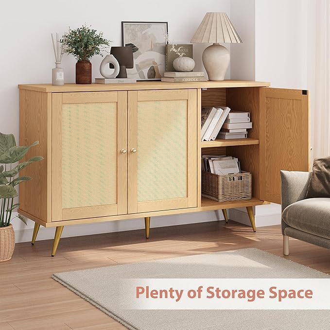 Shintenchi Large Rattan Storage Cabinet, Modern Sideboard Cabinet, Accent Large Storage Space Cabinet with Rattan Decorated Doors for Living Room, Dining Room
