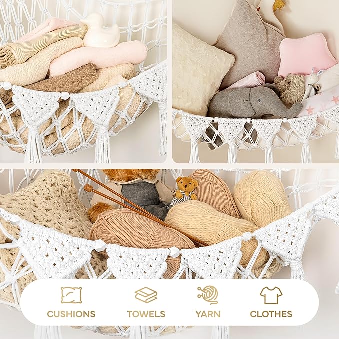 Snow White Macrame DreamLights Boho Stuffed Animal Storage Net (Extra Large) and Hammock for Small Plushies - Pure Cotton