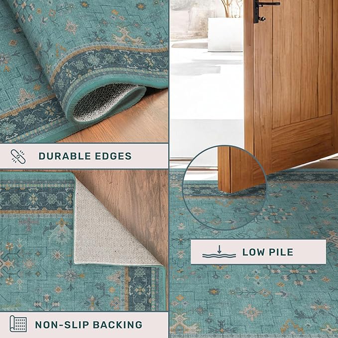 2x3 Washable Teal Rug for Entryway Indoor, Kitchen Floor Waterproof, Bathroom, Powder Room, Non Slip Low Pile Stain & Fade Resistant, Modern Turquoise Aqua Décor