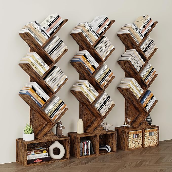 Vagusicc 6 Tier Tree Bookshelf, Small Bookcase with Storage Cabinet, Modern Tall Narrow Bookshelves Organizer, Floor Standing Book Shelf for Bedroom/Living Room/Home Office/Corner, Rustic Brown