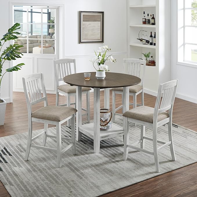 Ball & Cast 5 Pieces Dining Table Set with 4 Chairs and 42" Round Drop Leaf Dining Table,Kitchen Table and Chairs for 4 W/Trestle Table Base,for Small Space,Apartment,Dining Room,Brown White