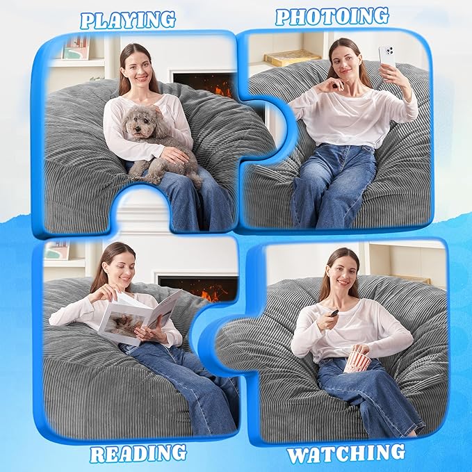 HABUTWAY 3FT Bean Bag Chair,Giant Bean Bag Chairs for Adults,Big Bean Bags with Memory Foam Filled, Large Beanbag Chairs with Soft Corduroy Cover-Grey