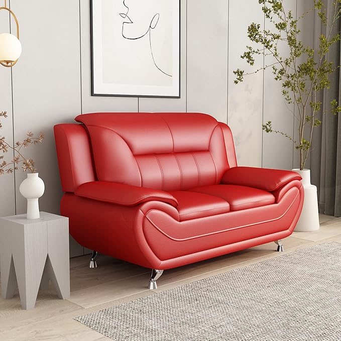 Container Furniture Direct Michael Modern Faux Leather Upholstered Stainless Steel Legs Living Room Sofa, Loveseat, Red