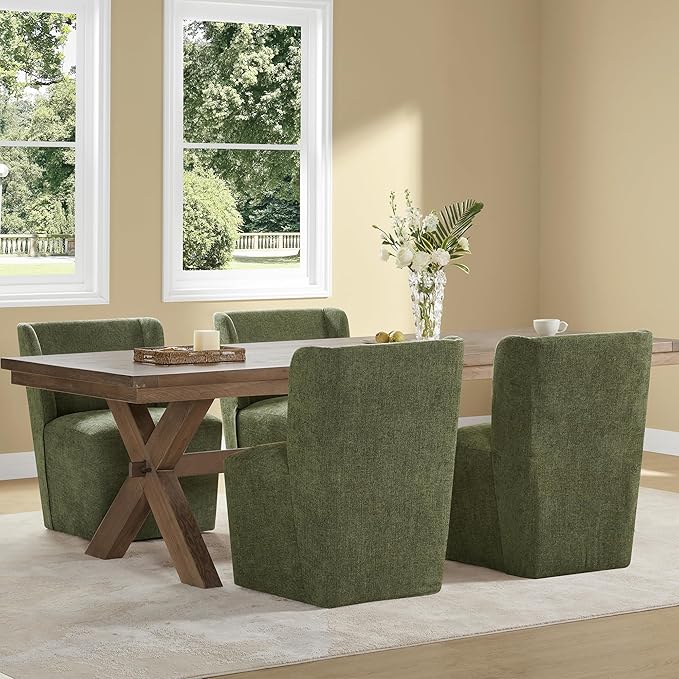 Upholstered Dining Chair with Casters Wingback Modern Side Armless Deskchair with Rollers for Diningroom Bedroom Livingroom Reading Room,Green,4 Box