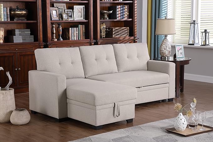 Devion Furniture Maison 4-in-1 Convertible L Shaped Couch with Pull Out Bed and Storage, Sectional Sleeper Sofa with Reversible Chaise for Living Room, Apartment, Bedroom, Office