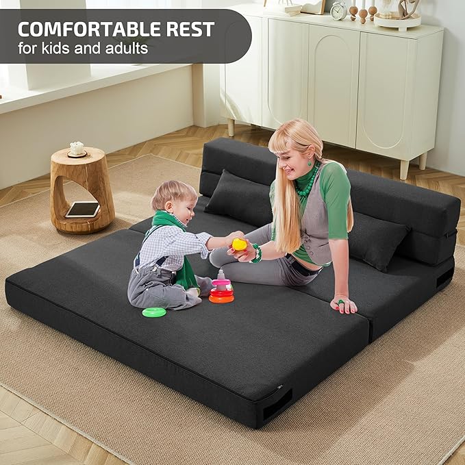 Convertible Folding Sofa Bed - Chair Bed Sleeper with Pillow, Modern Linen Fabric Fold Out & Futon Couch, Foldable Mattress for Living Room/Dorm/Guest Use/Home Office, Queen Size, Dark Gray