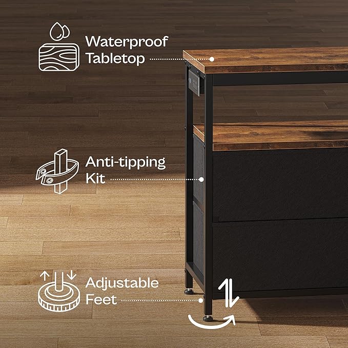 Huuger LED TV Stand for Bedroom, 47 Inch Dresser TV Stand for 43, 50, 55 Inch TV, Rustic Black TV Stand with Storage, Entertainment Center with Power Outlets, 6 Drawer Fabric Dresser for Living Room