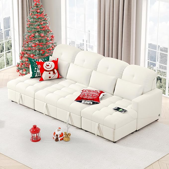 Ball & Cast 110.2" Oversized Versatile Sectional Sleep Sofa with Two USB Ports,U-Shape 4 Seat Pull-Out Couch w/Double Storage Chaise Lounges,for Living Room,Apartment,Office,Beige